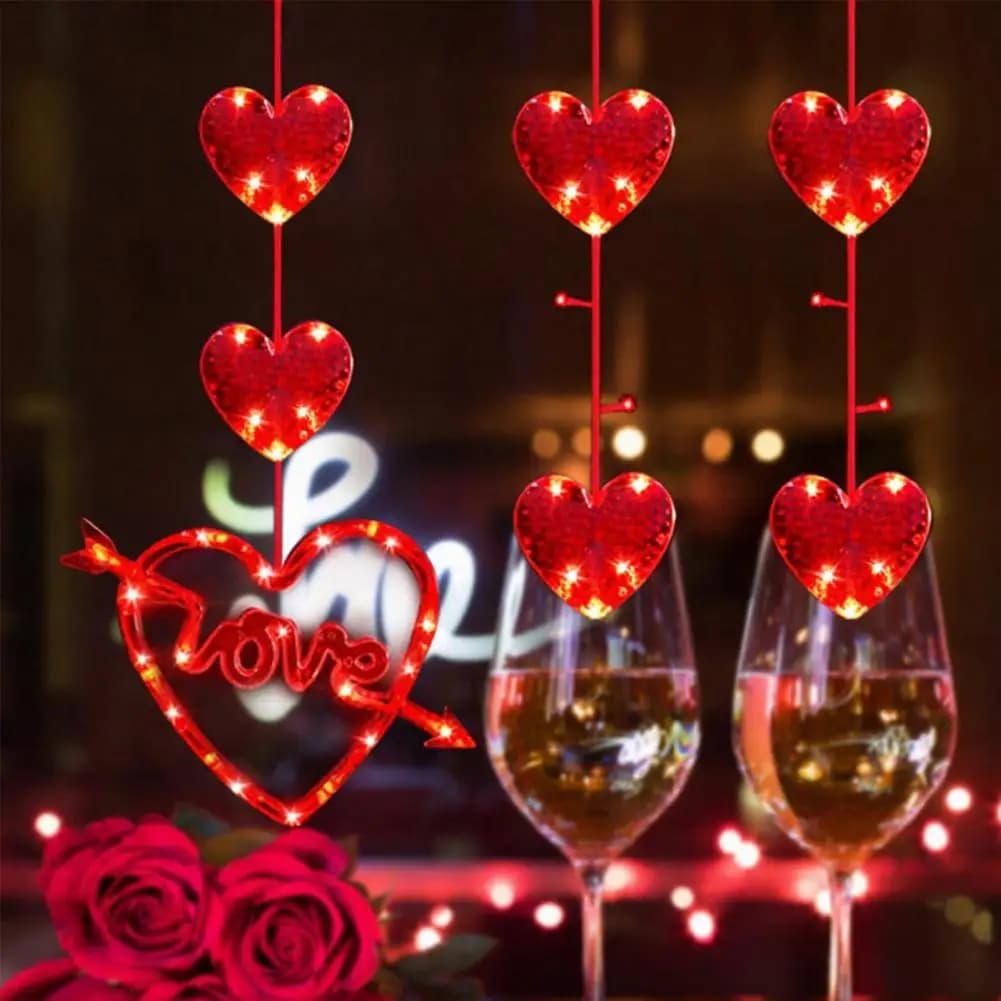 Lampada a Forma di Cuore con Ventose, Set di 3 Luci a Tenda a Cuore con Ventose, Funzionamento a Batteria, per San Valentino