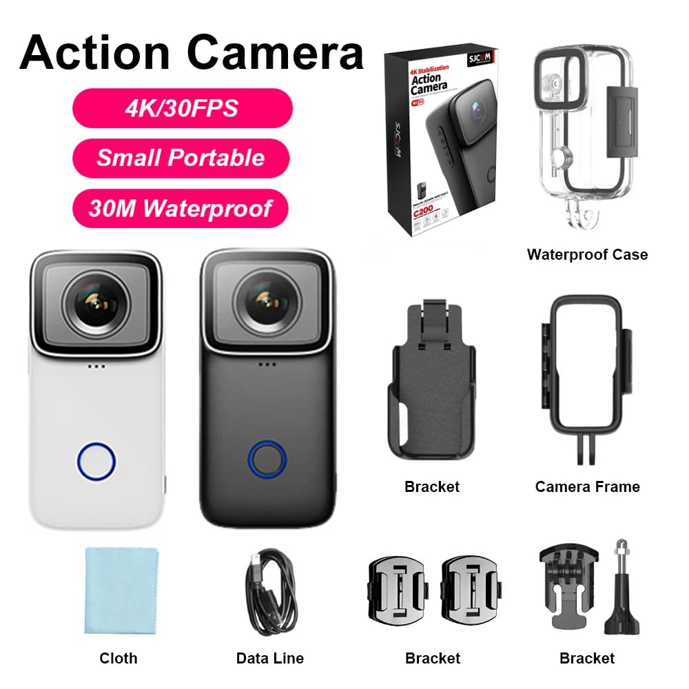 Videocamera d'Azione Impermeabile C200 4K 30FPS con Giroscopio EIS 154 ° Grandangolare ultraleggero da 84 g, slow motion a 240 fps e schermo da 1,3'