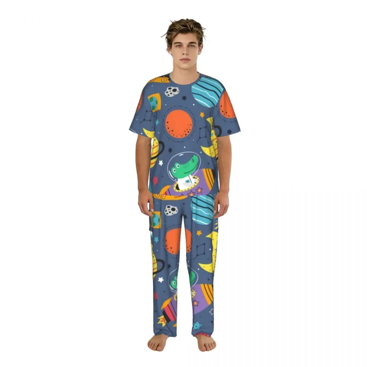 Pigiama casual da uomo, set con maniche corte e pantaloni, abbigliamento da notte maschile con stampa coccodrillo, volpe e procione, vestiti per la casa.
