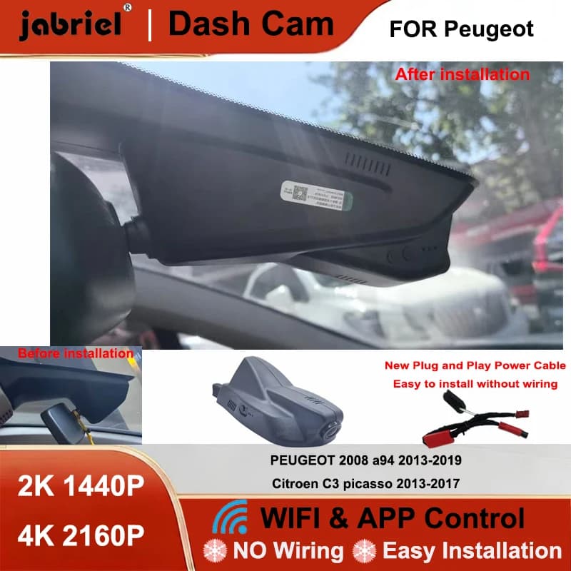 Jabriel Dash Cam Car DVR 2K 4K Wifi Plug and Play Video Recorder for PEUGEOT 2008 a94 2013-2019 and Citroen C3 Picasso 2013- 2017