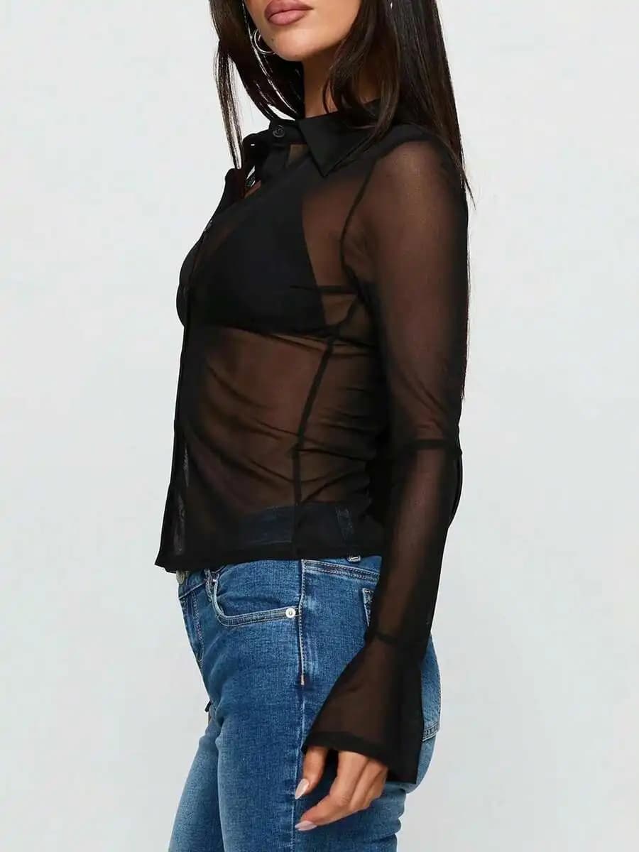 Camicetta da donna in rete trasparente a maniche lunghe con bottoni, nera, alla moda, trasparente.