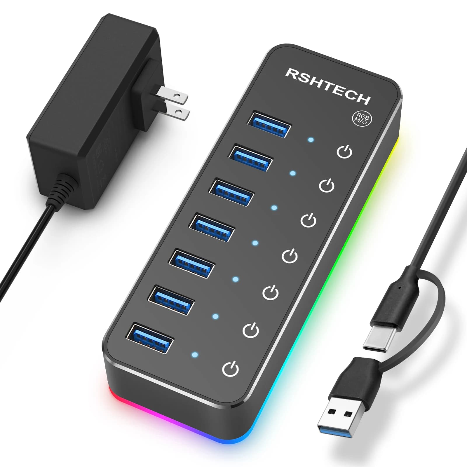 USB 3.0 Hub powered 7-door RGB LED Strip individual 7 in 1 20 W with USB Hub power adapter for laptop PC