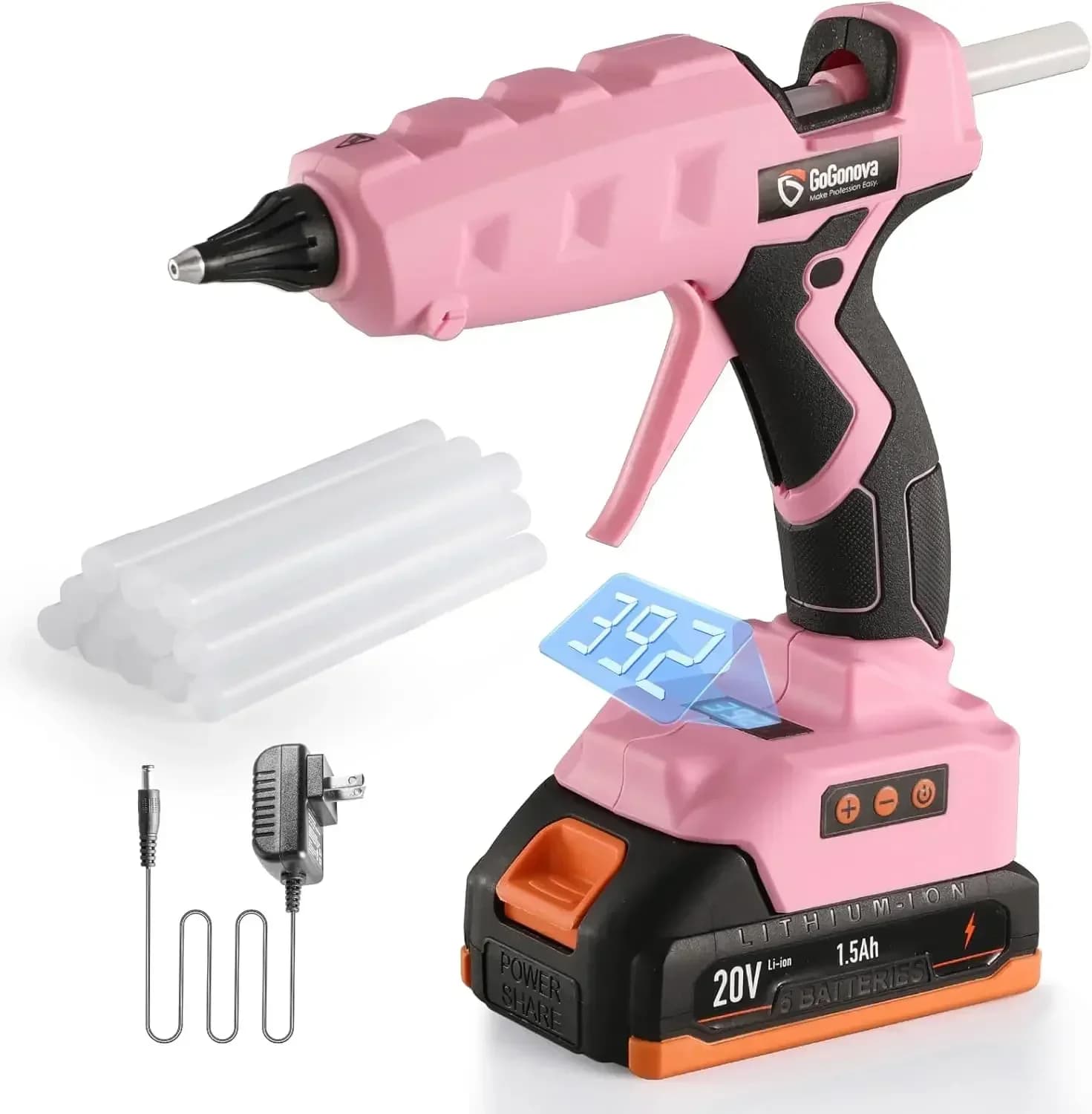 Full Size Cordless Glue Gun, 20V Temp Adjust LCD Digital Display Fast Heating Accurate Dual Temp, Dripless Full Size Heavy Duty