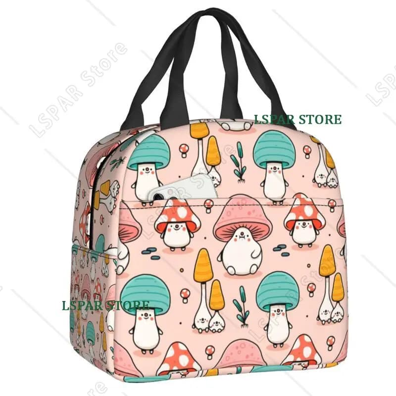 Cartoon Pink Mushrooms Insulated Lunch Bag for Work School Cooler Thermal Lunch Box Women Children Food Container Tote Bags