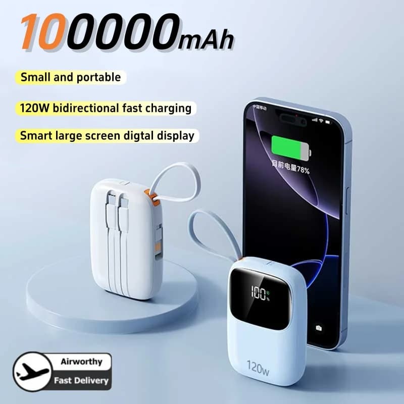 Power Bank 120W 100000mAh with USB-C cable and Lightning Retractable Integrated for iPhone 17 Samsung S25 Xiaomi Poco
