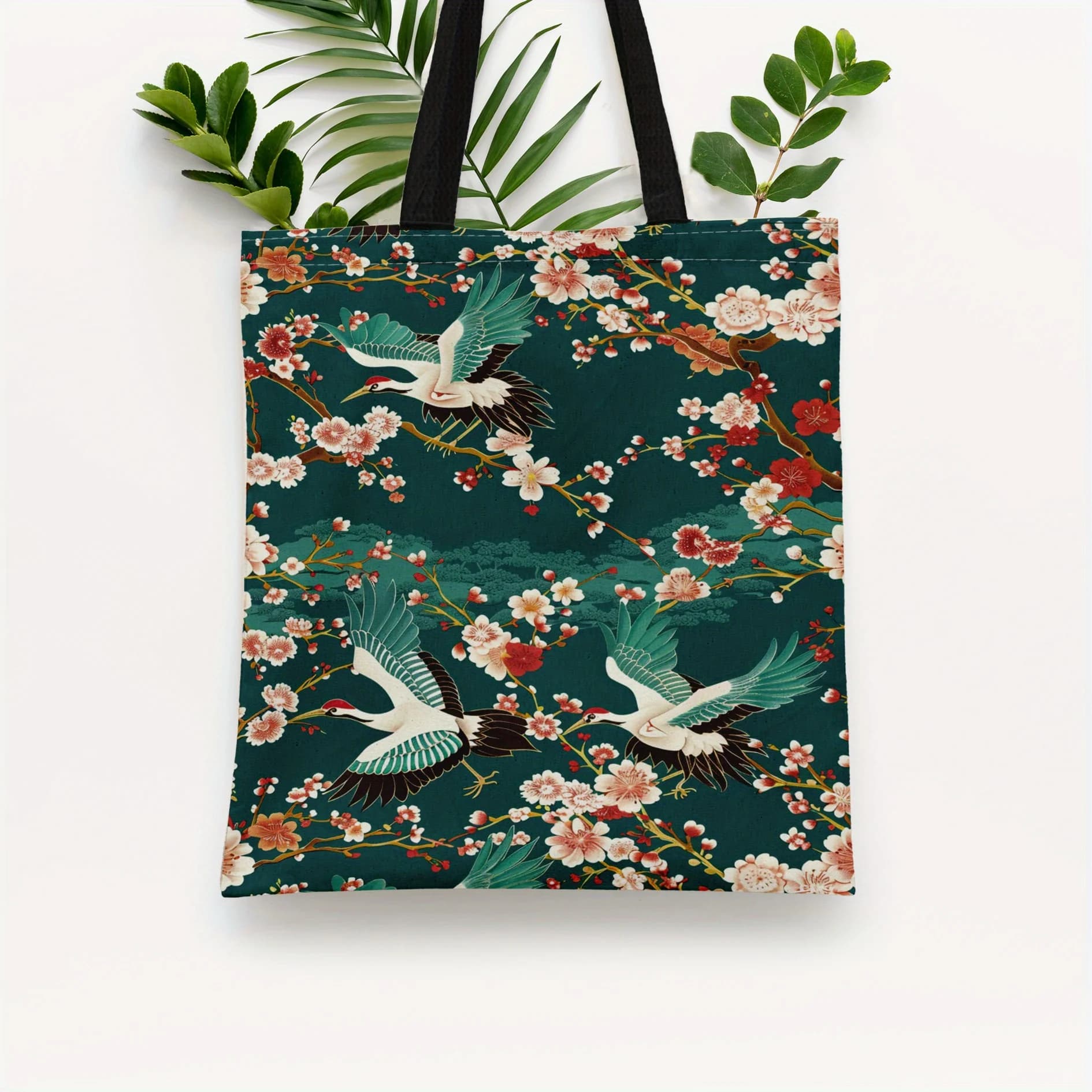 Borsa tote di ispirazione giapponese con gru e stampa floreale, senza chiusura, sfoderata, borsa per la spesa riutilizzabile durevole