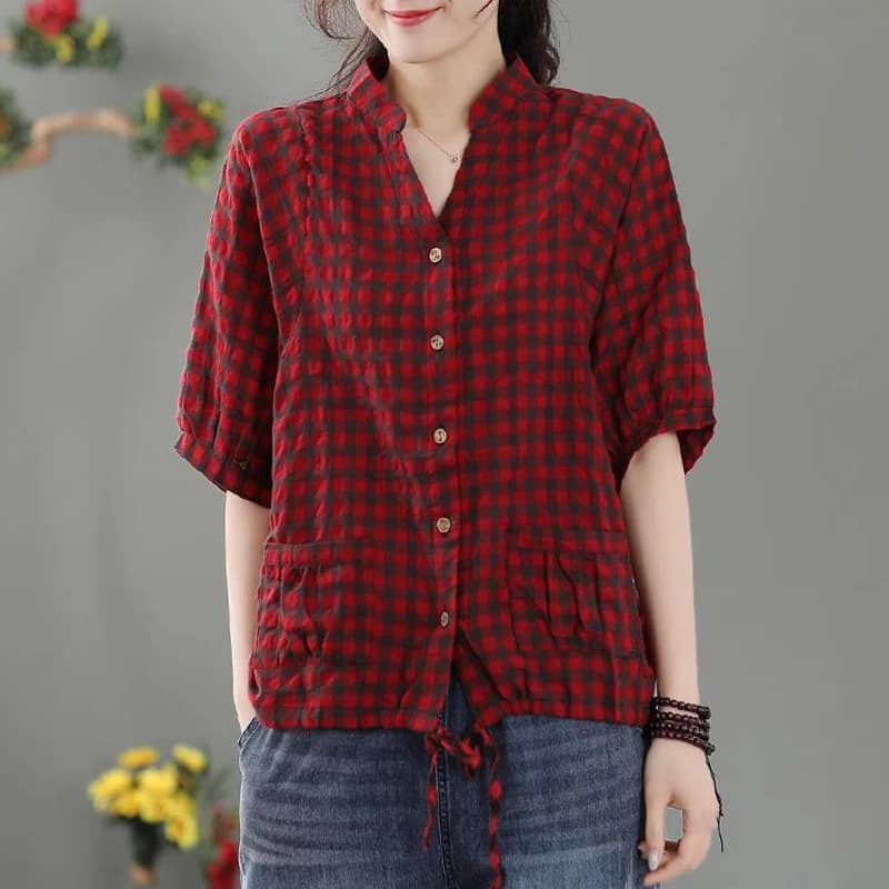 Moda scollo a V tasche larghe impiombate fasciatura camicia a quadri abbigliamento donna 2025 estate nuove magliette casual camicetta da pendolarismo all-match