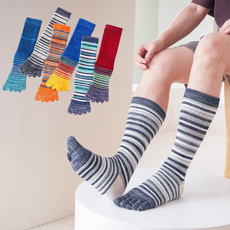 5 paia autunno inverno addensato sport tubo alto calzini a cinque dita uomo strisce cotone assorbente del sudore pettinato calzini con punta divisa
