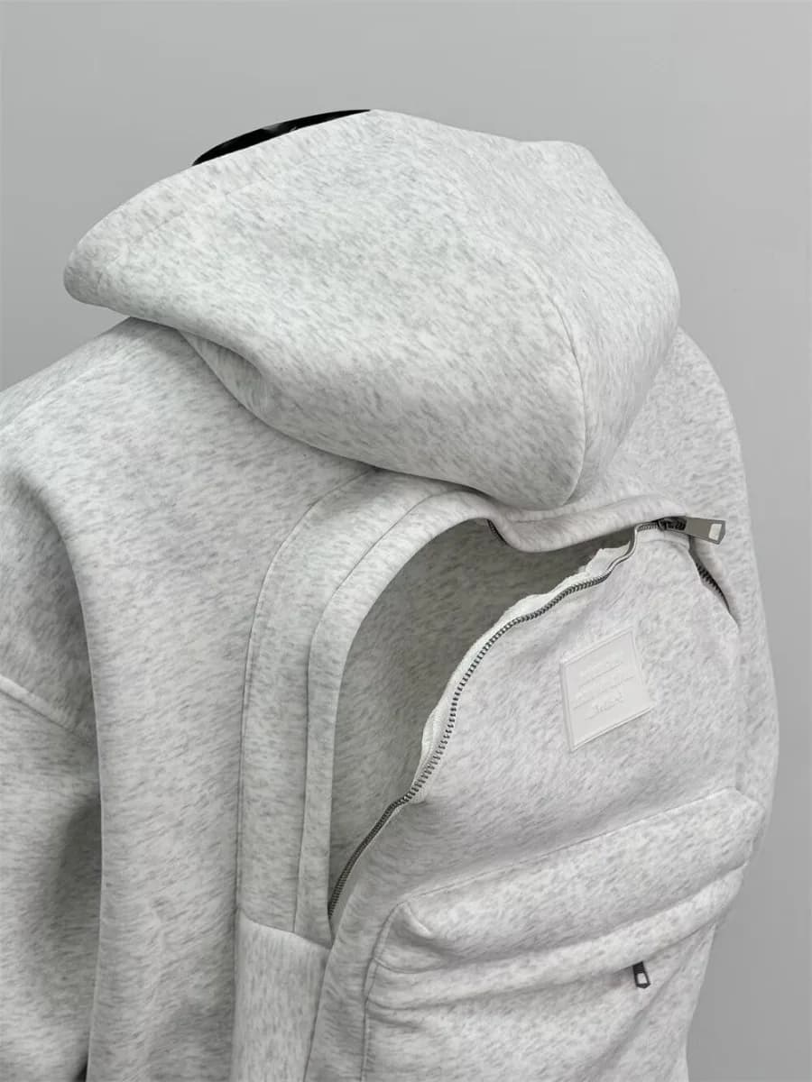 Zaino tridimensionale da uomo in tinta unita con cerniera con cappuccio Zaino posteriore Design Sense Cappotto cardigan con cappuccio