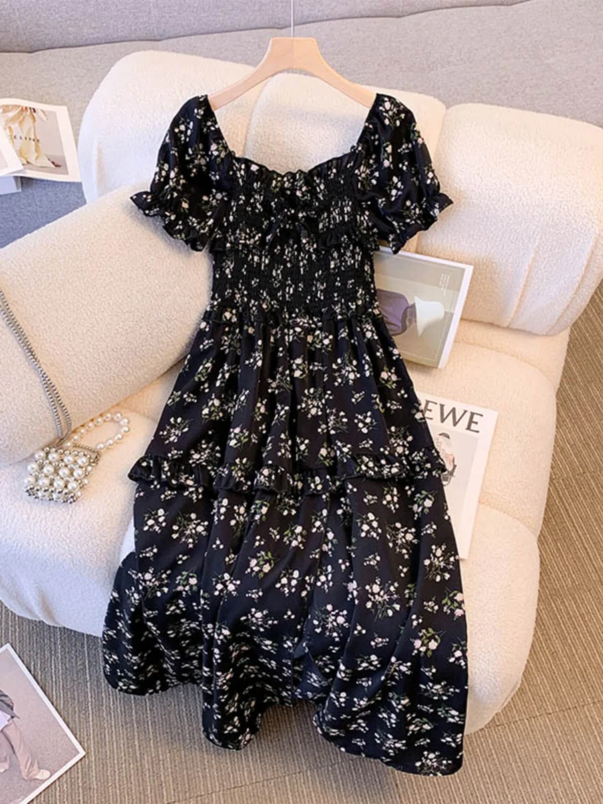 plus Size Summer Floral Print Slimming Waist Midi Dress Korean Style Office Commute Short Sleeve Women's Dress Belly Concealing
