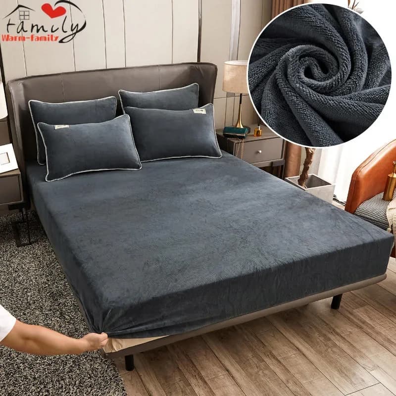 Bed linen with warm elastic corners and thick winter mattress cover in flannel adjustable velvet bed linen, 150/180/200 Multi size
