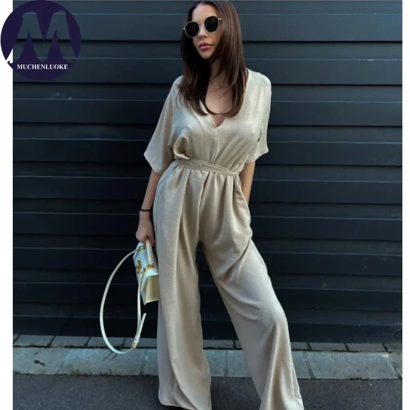 Elegante Tuta Estiva da Donna con Mezza Manica, Scollo a V e Lacci, Casual, Morbida, a Vita Alta e Gamba Larga, alla Moda