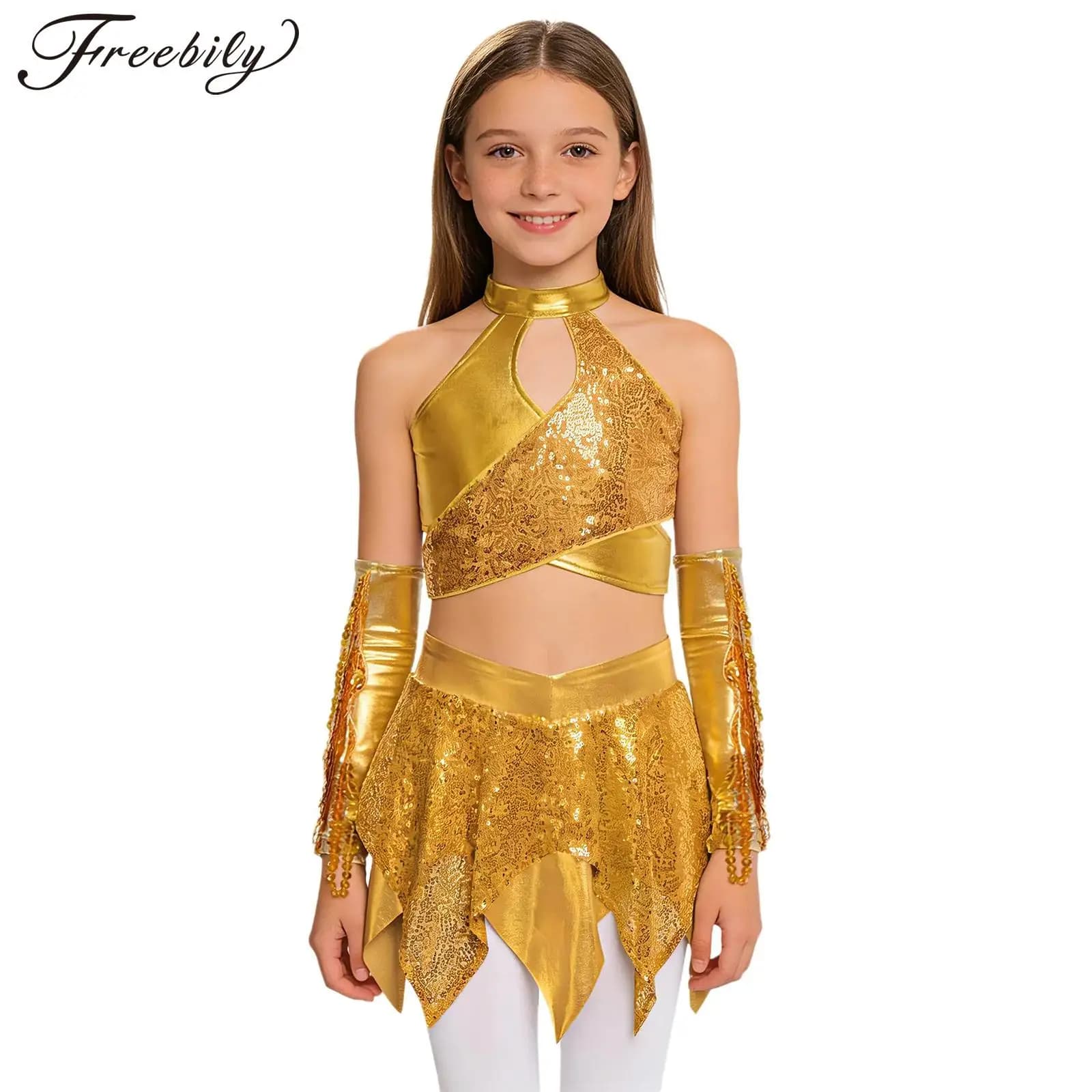 Set di Abbigliamento per Danza Jazz per Bambine, Top Corto con Paillettes e Gonna, Costume da Ballo Hip Hop, Abbigliamento per Spettacoli