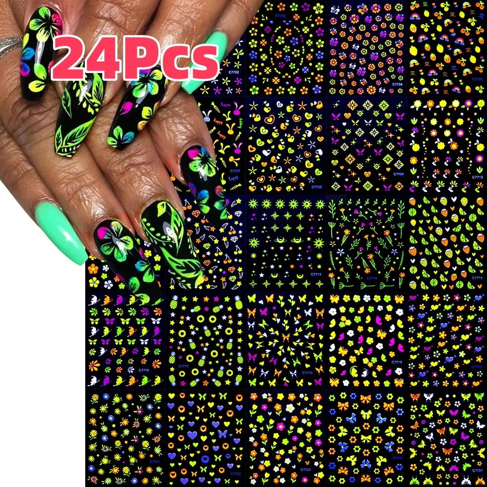 24 pezzi adesivi per unghie fluorescenti 3D fiore/farfalla che si illuminano al buio decalcomanie adesive adesivo floreale al neon per decorazioni per unghie per feste *