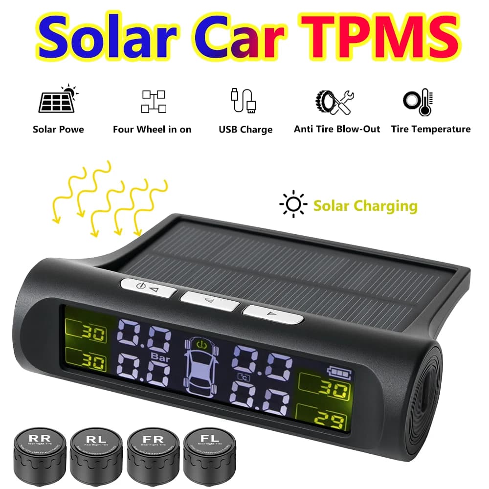Sistemi di allarme di sicurezza per la pressione dei pneumatici TPMS solare per auto Monitoraggio della temperatura dei pneumatici 4 esterni ​ Accessori Auto Universali