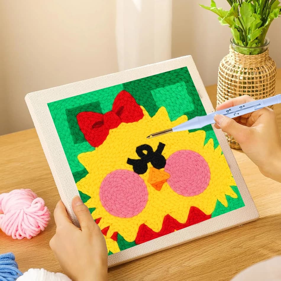 Kit Ricamo Punch Needle 25x25cm, Fai da Te, con Adorabile Uccellino Giallo, Kit Artigianale per Punto Croce e Cucito per Adulti