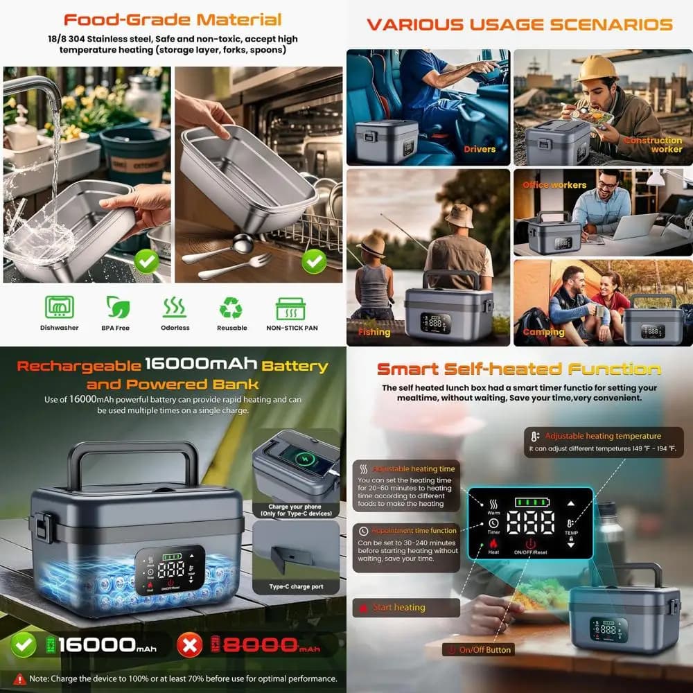 Portapranzo elettrico portatile ricaricabile con autoriscaldante, ideale per uomini e donne, include cucchiaio e borsa termica