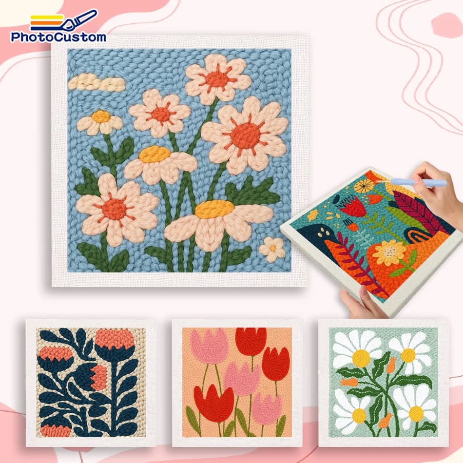 PhotoCustom White Flower Punch Needle Embroidery Threader, Yarns, Rug Punch Embroidery Starter Kit Flower Hand Embroidery Suppli