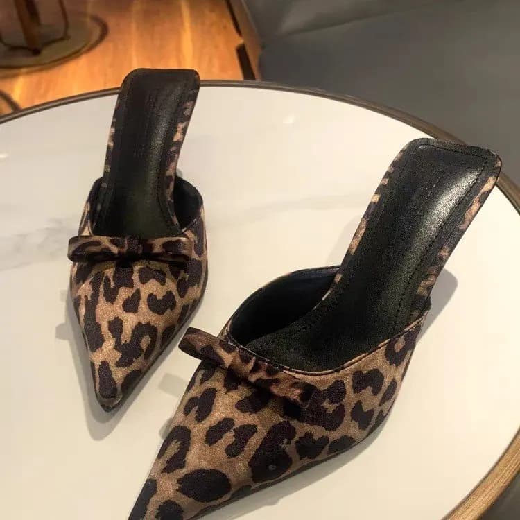 Ciabatte da donna con stampa leopardata, a punta, con tacco a spillo, eleganti, con fiocco, sandali da festa, scarpe con tacco alto da ufficio