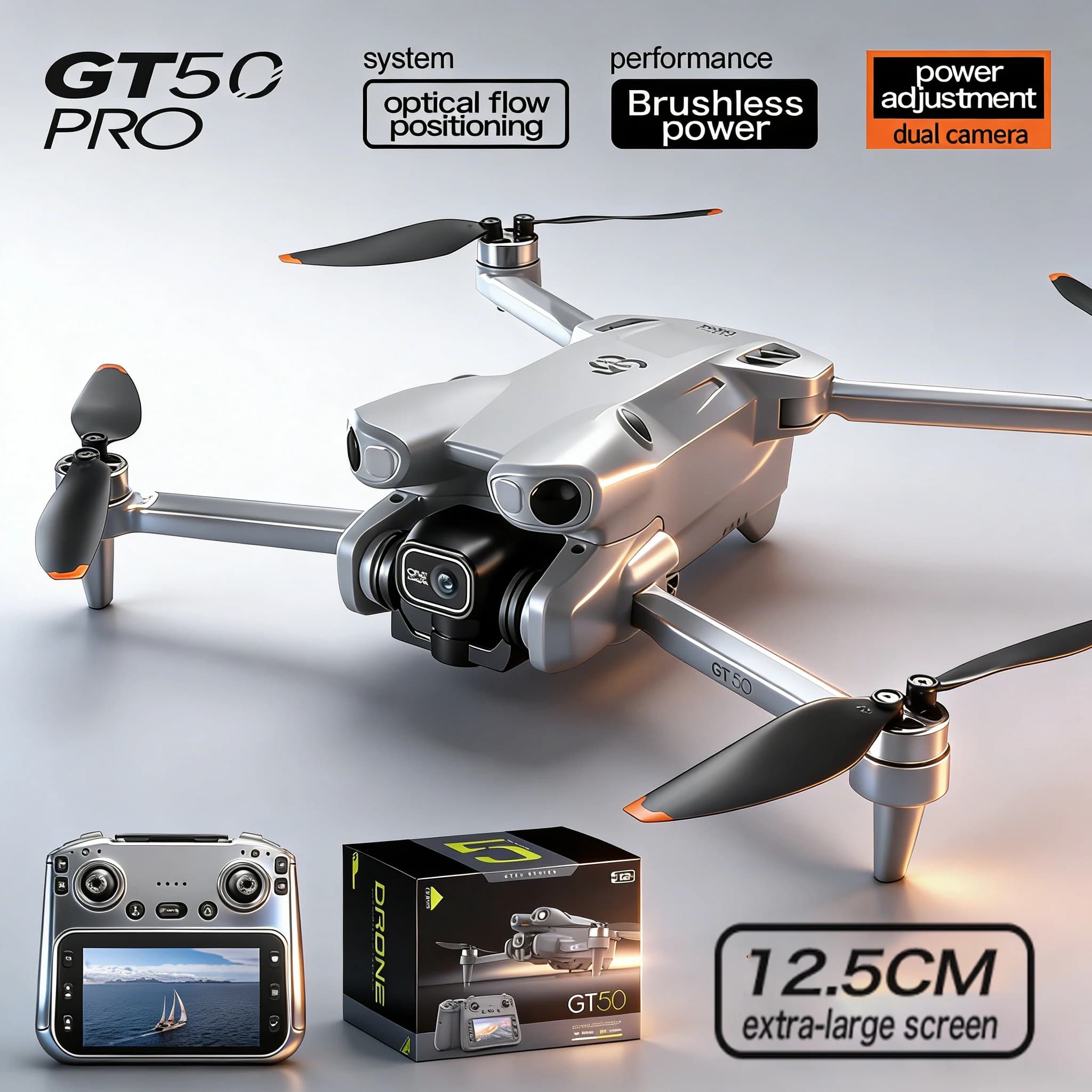 New Drone GT50 in Offer with 4,3 Inch Screen, Remote Control, Double Camera 8K HD, Lightweight, Foldable, GPS, Beginners and Adults Square