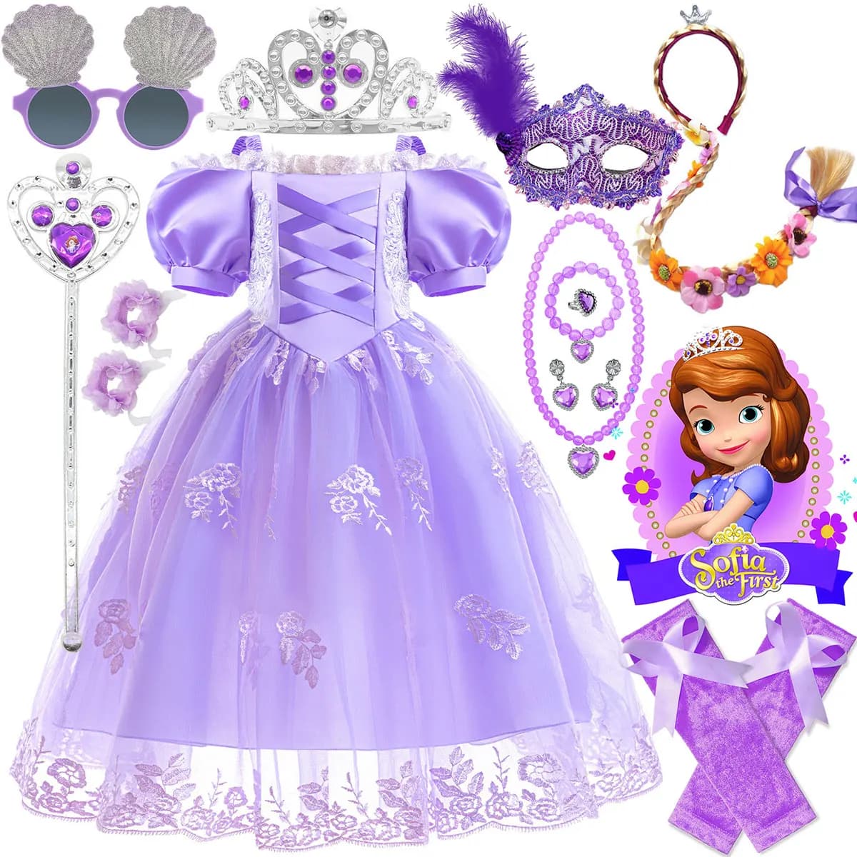 Disney Princess Sofia Deluxe Dress Up Set Girls Purple Princess Gown Puffy Outfit Kids Halloween Carnival Costume Set 3-10 Years