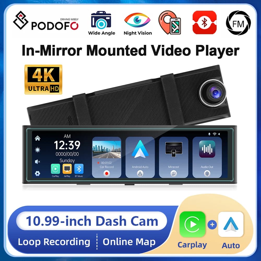 Podofo 10.99 pollici 4K Mirror DVR Dash Cam Carplay Android auto Car videoregistratore Bluetooth WIFI Video Black Box fotocamera anteriore