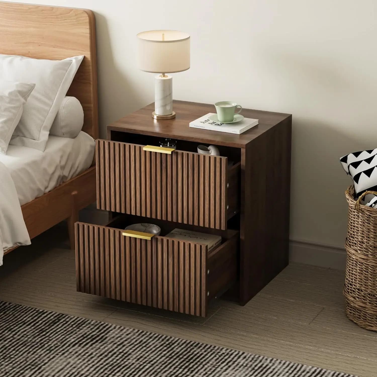 Fluted Nightstands Set of 2 with 2 Drawers, 19.6" Modern Storage Bedside Table with Golden Metal Handles, Walnut, Customized