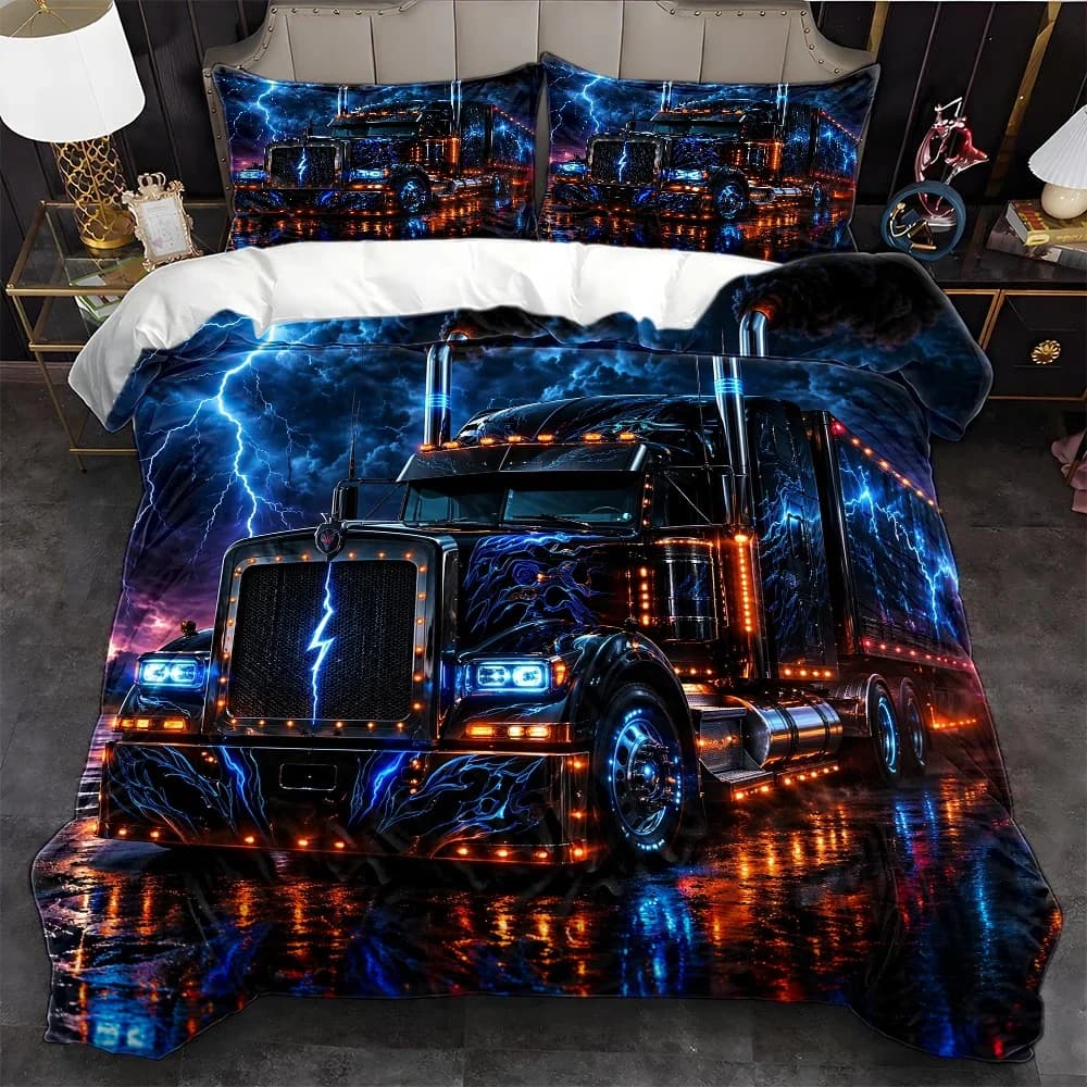 3Pc Lightning Dark Truck Theme Duvet Cover Set, Three-Piece Bed Set (1*Duvet Cover + 2*Pillowcases), Suitable for All Seasons, Machine Washable, Invisible Zipper, Personal Bed Cover, Suitable for Home, Dormitory, Master Bedroom, Guest Room, Personalized Cool Truck Print Bedding Set, Large Duvet Cover Set, Trendy Glow-In-The-Dark Heavy Truck Pattern Bedding, Waterproof and Easy-To-Clean Bed Cover Set, Hot-Selling Creative Truck Bedding Set, 2D Flat Print