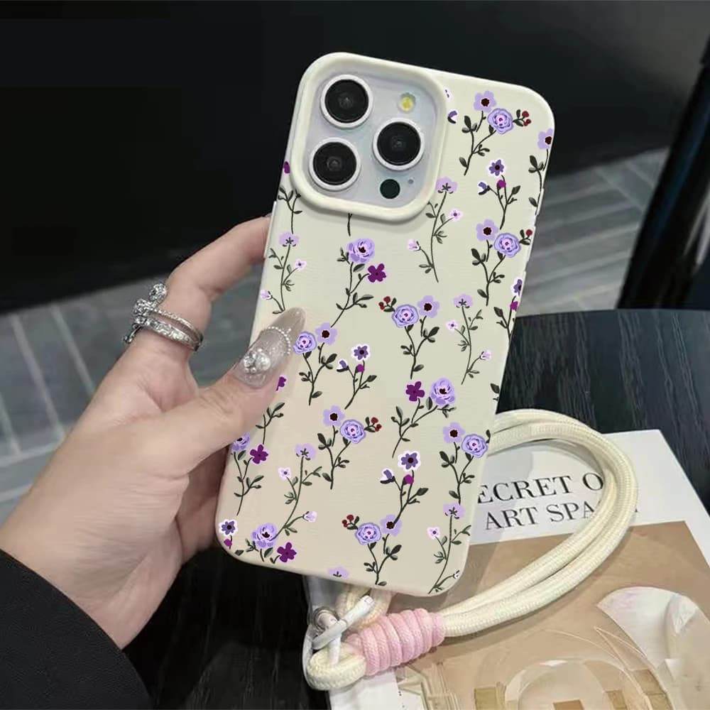 Thin Branch Purple Floral Strap Rope Phone Case For iPhone 17 16 15 Pro Max 16 15 14 Plus 17 16 Pro 17Air Silicone Matte Cover