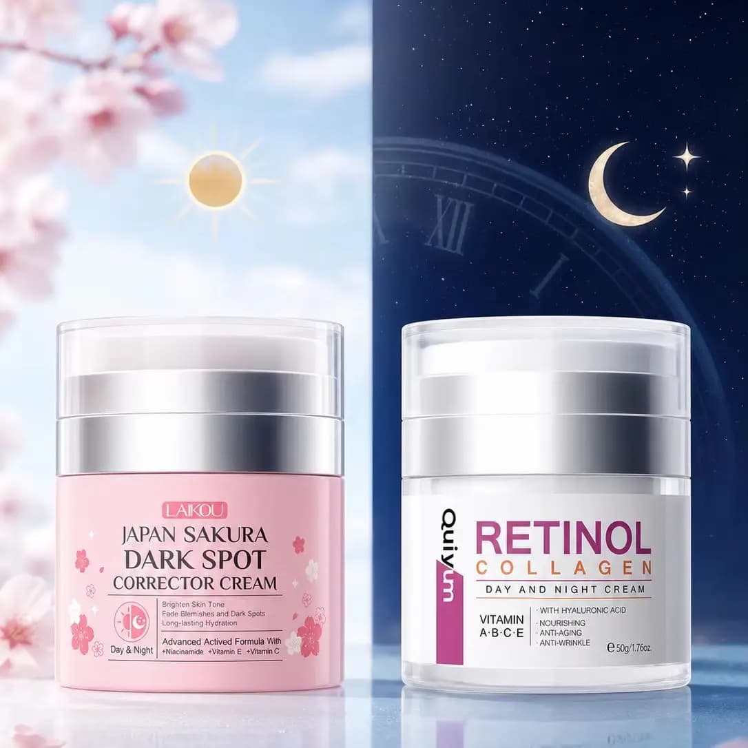 Quiyum Retinol Collagen Cream + LAIKOU Sakura Dark Spot Corrector Cream 2Pcs Set Anti-Aging Fade Spots Hydrating Brightening Day