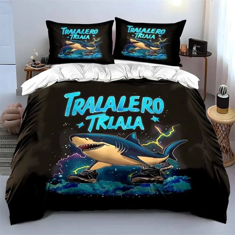 Set di biancheria da letto con decorazioni grafiche a forma di squalo, con 1 copripiumino e 2 federe, singolo, matrimoniale, king size, queen size, idea regalo