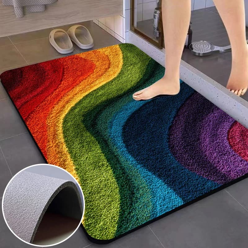 Entrance Mat with 2D Rainbow Motive, Kitchen Mat in Diatomite, Soft and Washable, Bathroom and Entrance