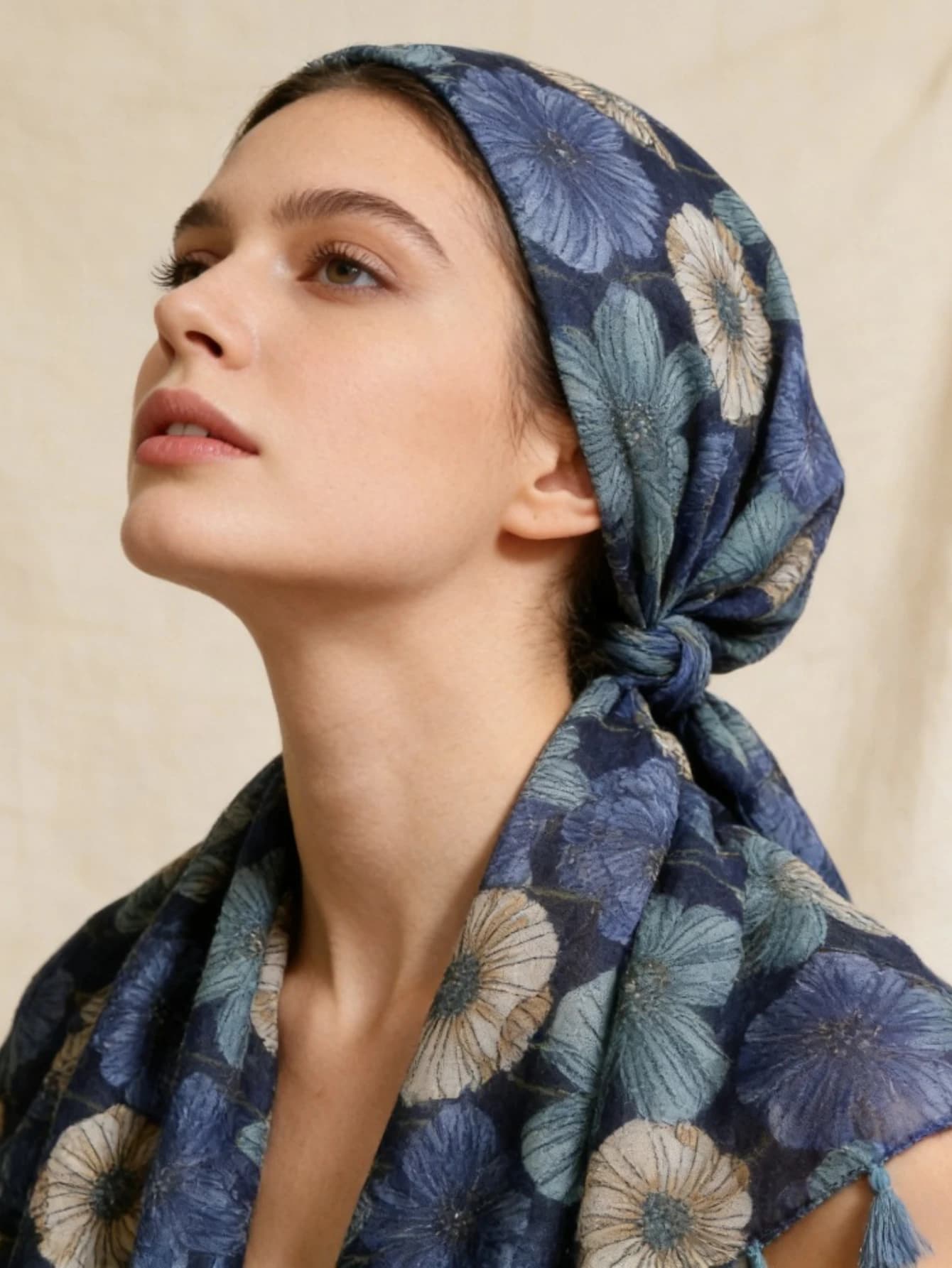 Scarf with fringes and blue floral print, retro floral light shawl, literary silk scarf, female Muslim scarf