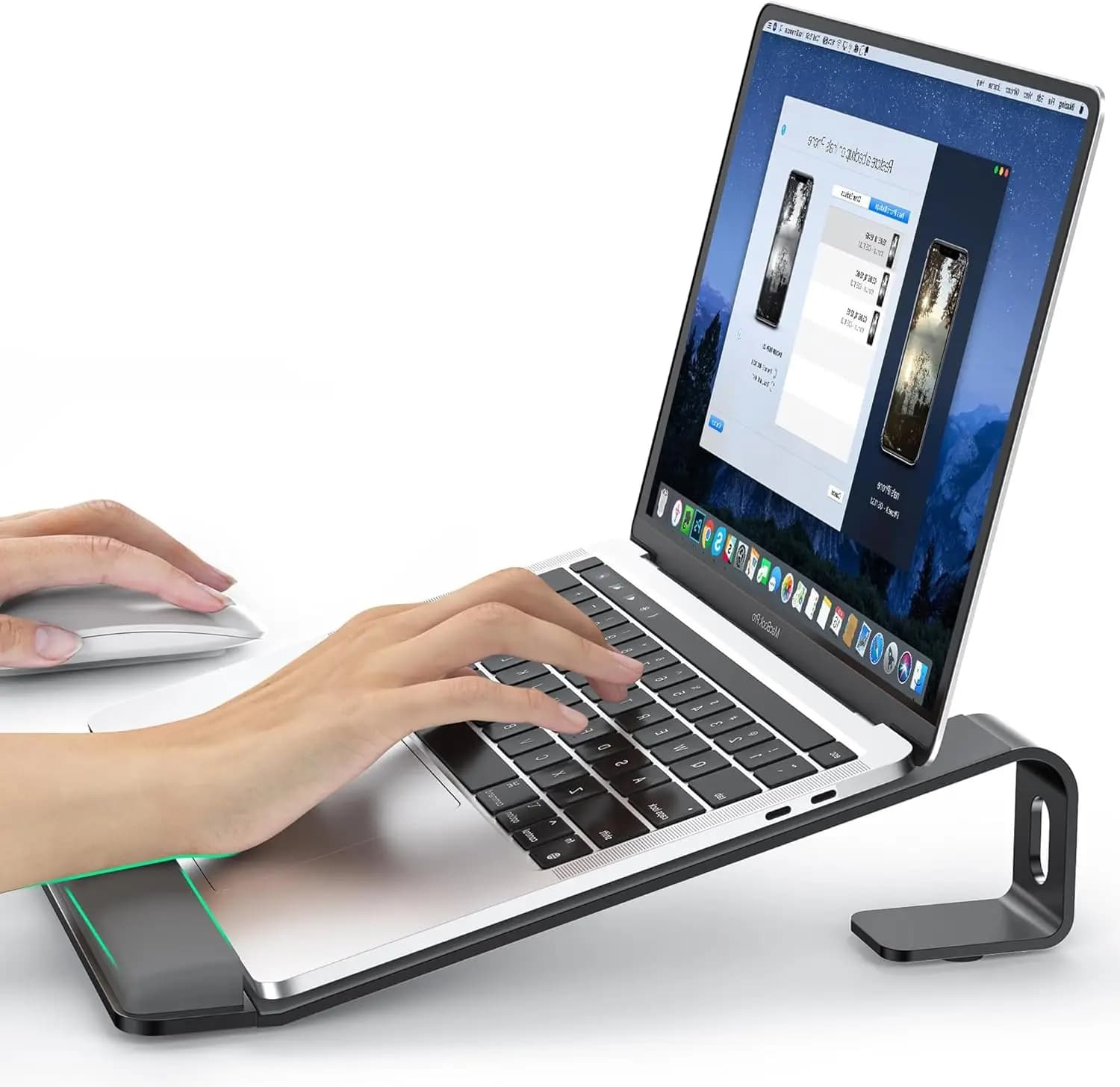 Supporto Ergonomico in Metallo per Laptop con Poggiapolsi, Rialzo Staccabile per MacBook, HP, Dell (10-17") - Nero