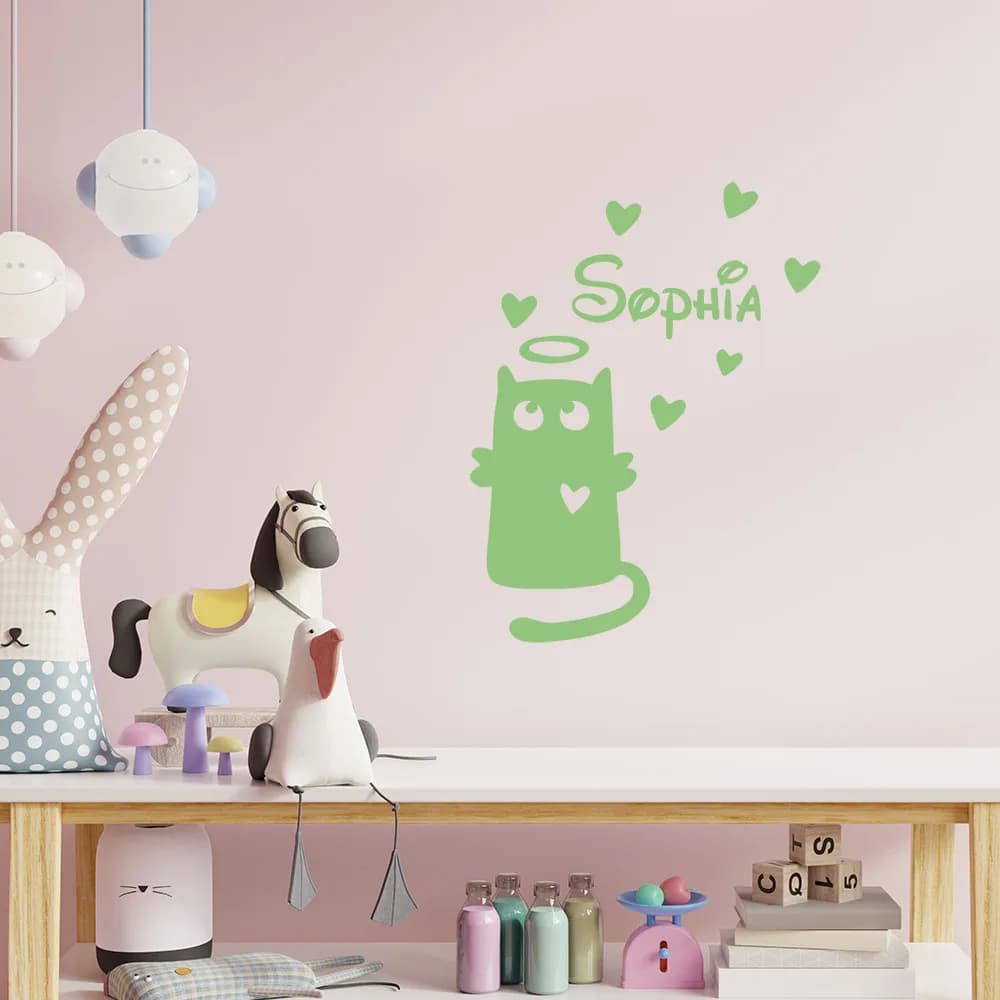 Adesivo Murale Rimovibile Personalizzabile con Nome, Gattino Elfo Cartoon, Decorazione Fai-da-Te per Casa