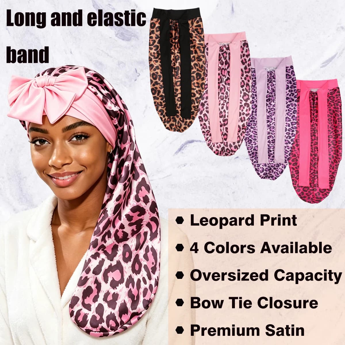 Ladies Leopard Print Satin Sleep Cap with Elastic Hairband Lightweight Long Night Hat for Women's Braids No Pull Hair