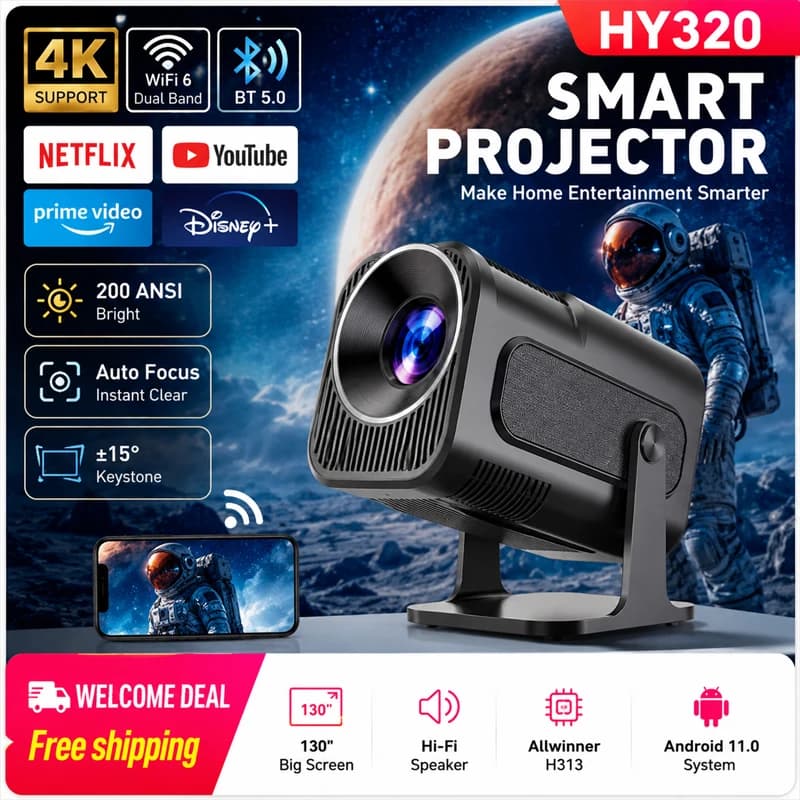 KaiAqua HY320 NTV Proiettore Android 11 Ufficialmente Autorizzato Netflix con 1080P 500ANSI Prime Video YouTube WiFi BT5.2 Portatile