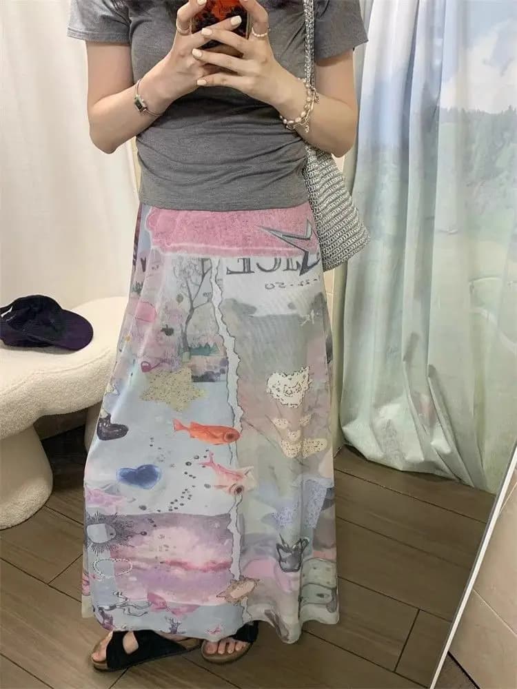 Summer Fashion New Women's Elegant Design Printed Skirt High-end Street Spicy Girl Mesh Slim Fit Mid Length Skirt