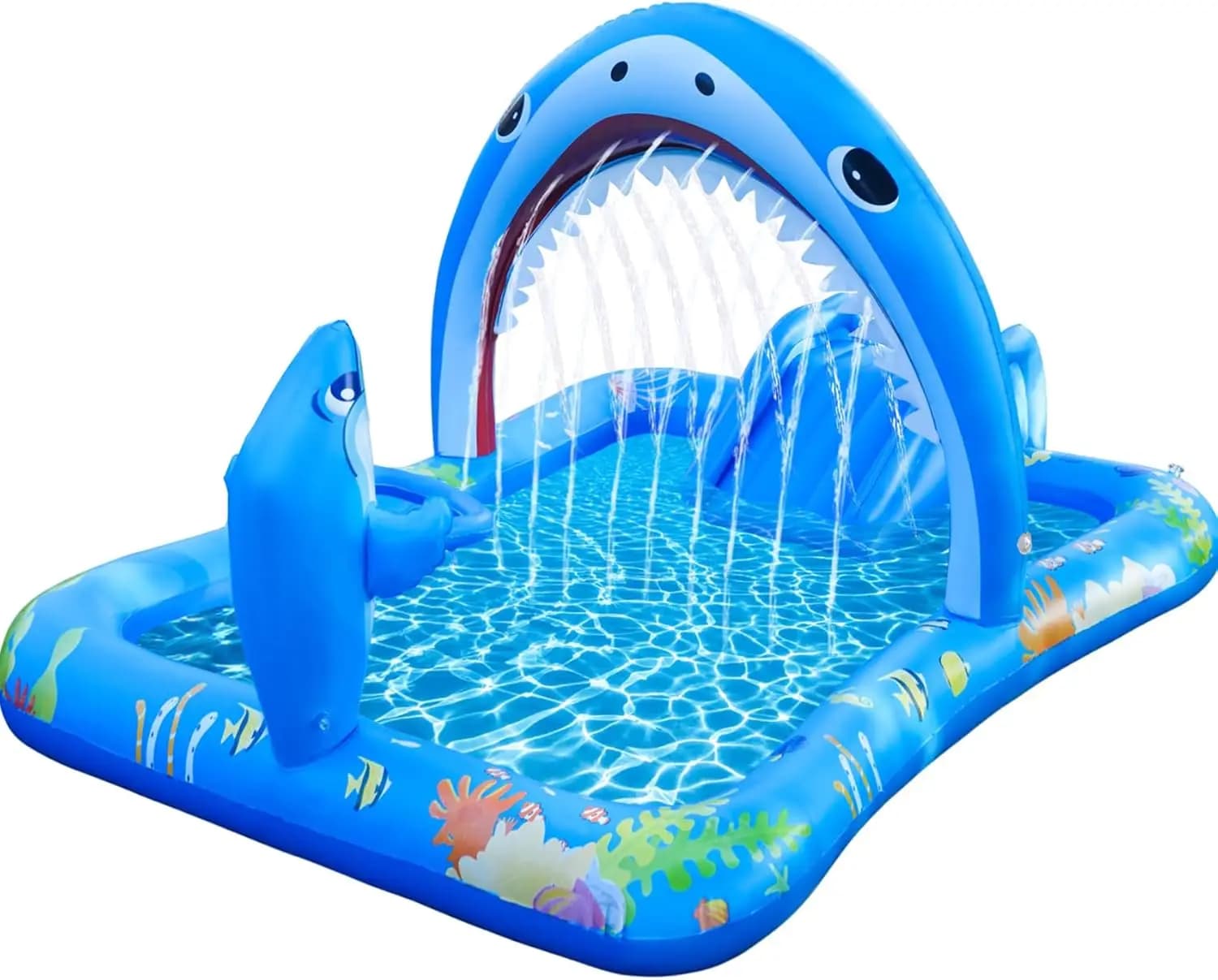 Piscina Gonfiabile per Bambini con Scivolo d'Acqua, Spruzzatori e Canestro per Palline - Centro Giochi Rinforzato per Giardino