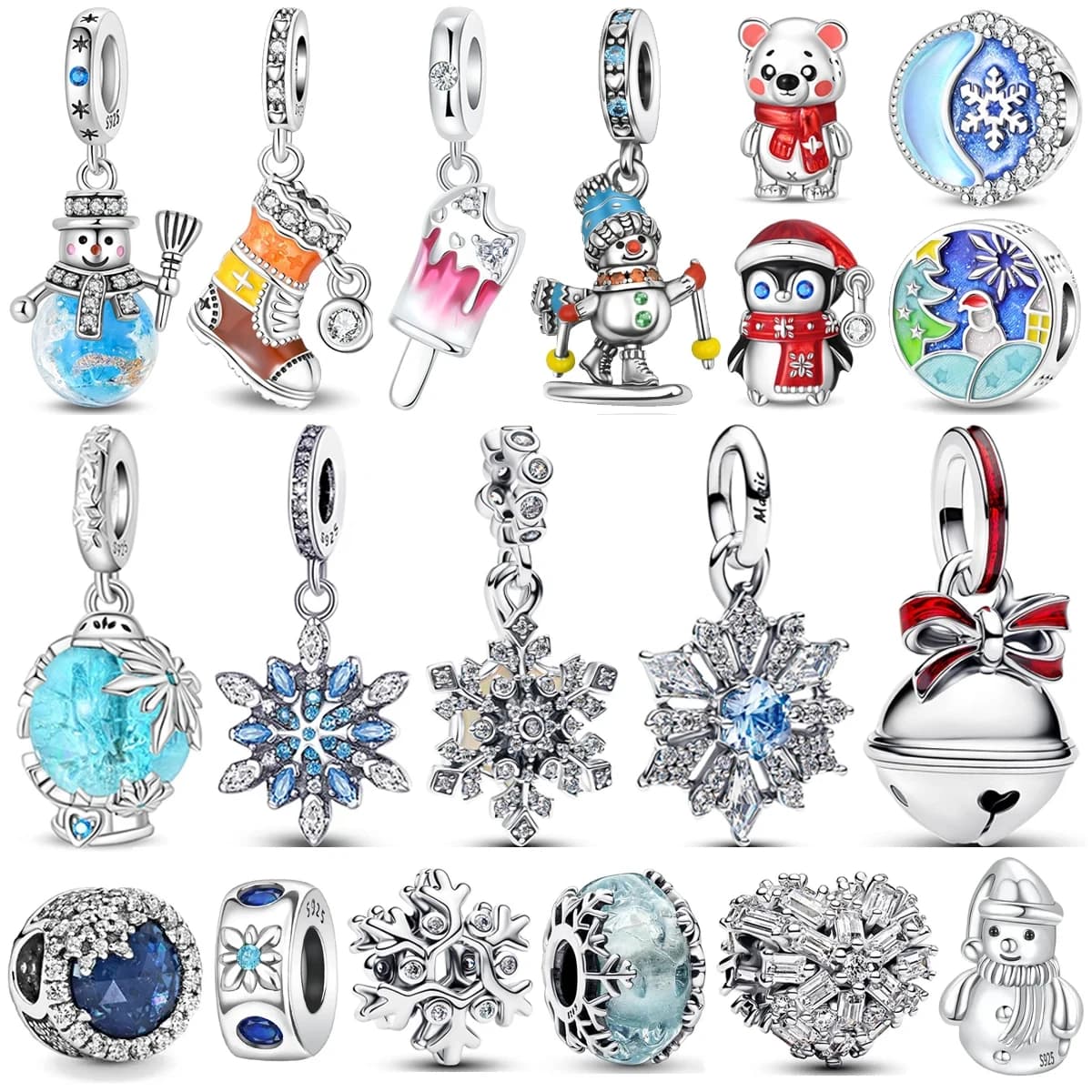 Ciondolo pupazzo di neve con fiocco di neve Ciondoli in argento sterling 925 Campane di pinguino Cristallo di ghiaccio invernale Orso polare Perline Bracciali Parti Collane
