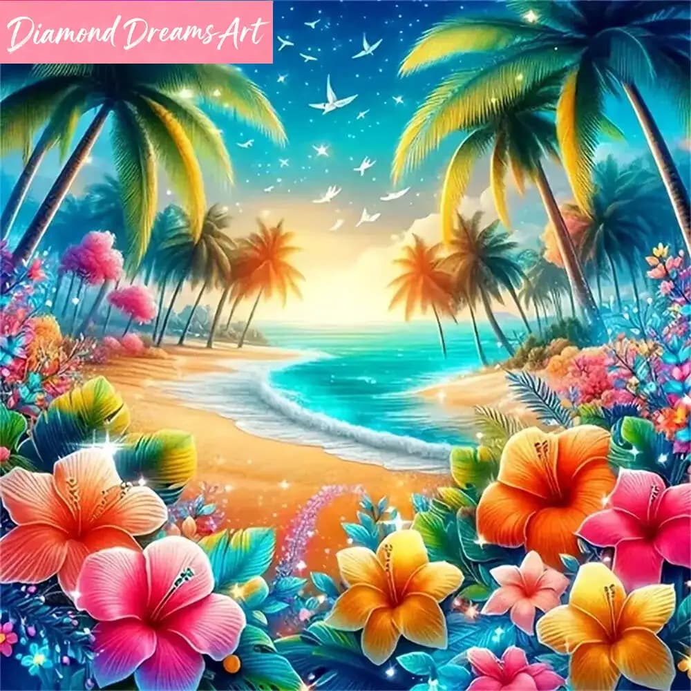 Dipinto con diamanti, paesaggio marino, fai da te, mosaico di diamanti quadrati e rotondi, decorazione con fiori di giglio per la casa, senza cornice