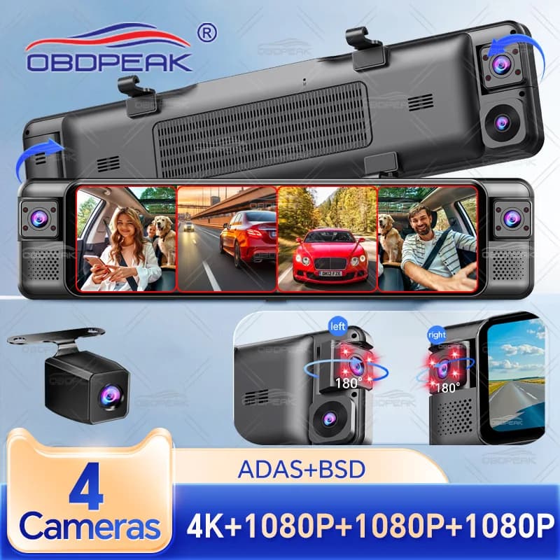 Dash Cam 4 channels 360 ° 11 "4K + 1K + 1K + 1K WIFI Retrovisor mirror Video recorder Auto DVR ADAS BSD Night vision 24 hours Parking monitor