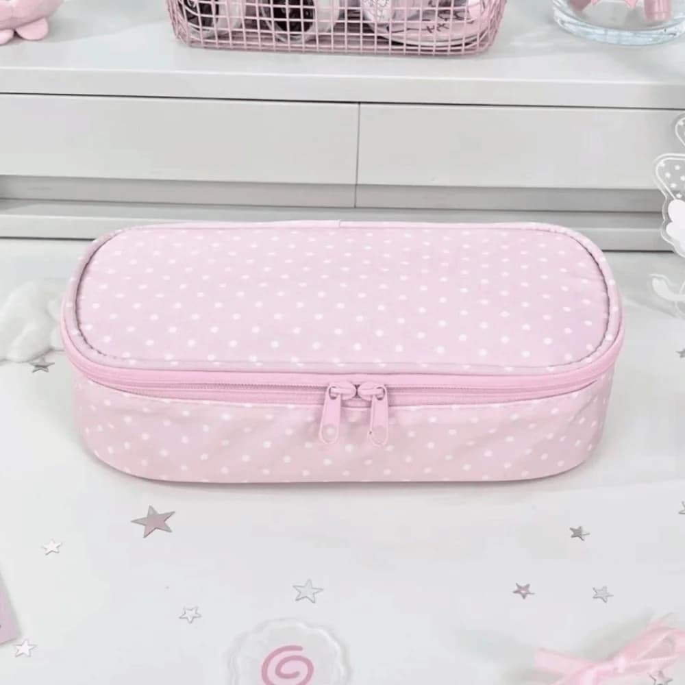 Portable Pink Polka Dot Pencil Case Multi-Use Large Capacity Pencil Pouch Makeup Bag Gift