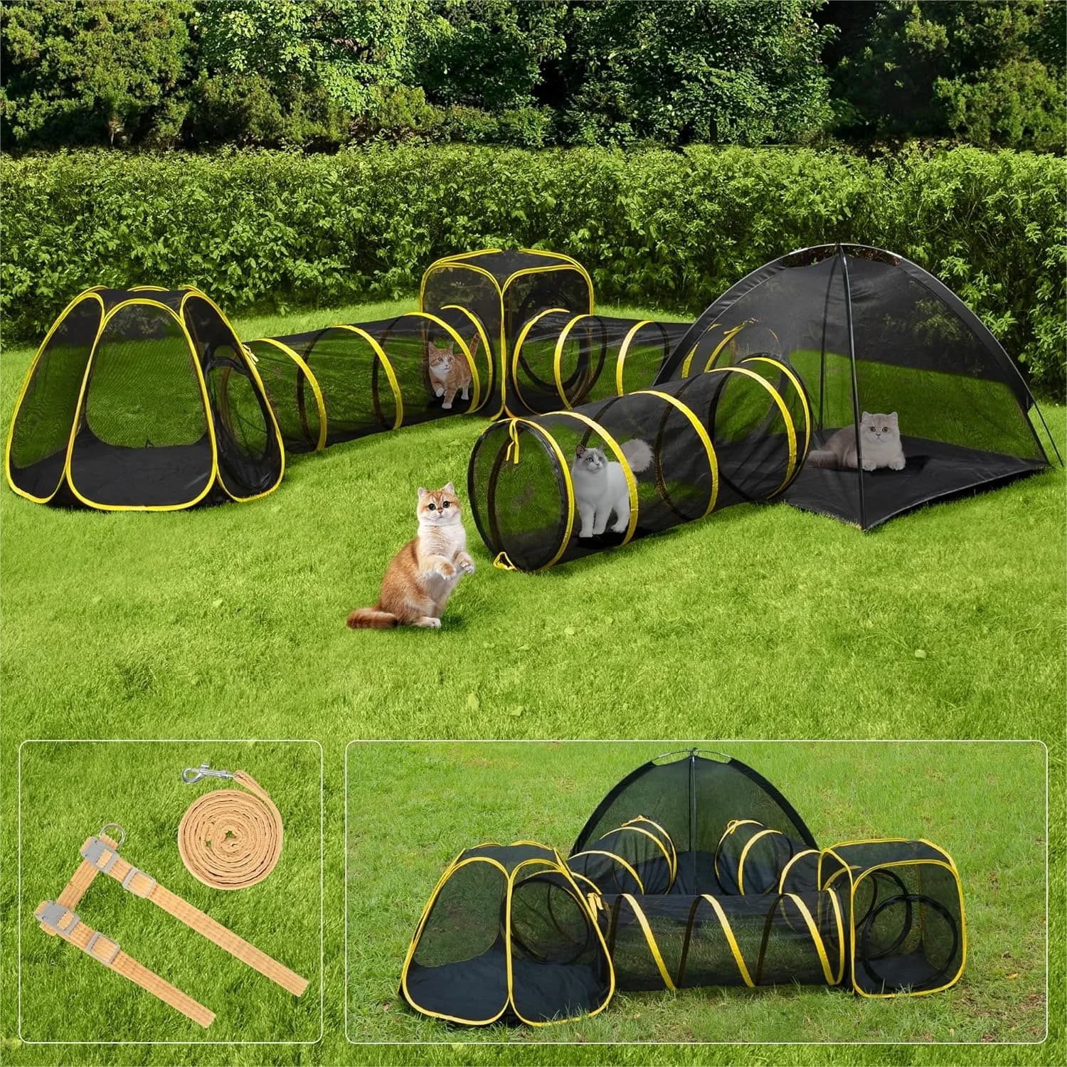 Recinto per Gatti da Esterno 6-in-1 con Casetta, 2 Tende e 3 Tunnel - Parco Giochi Portatile per Gatti per Giardino, Balcone, Campeggio Sicuro