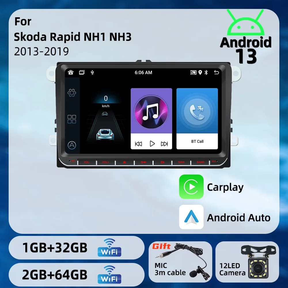 Autoradio Android 9 Pollici 2Din con CarPlay Wireless e Android Auto per Skoda Rapid NH1 NH3 2013-2019, GPS, Multimedia, Stereo