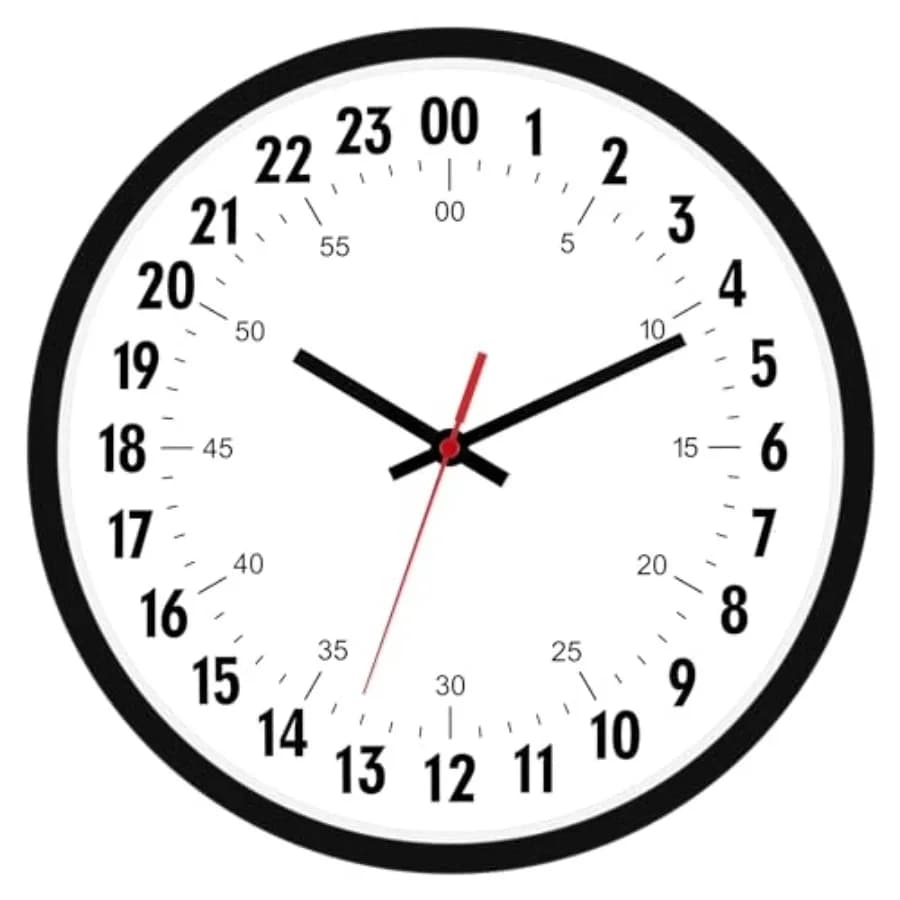 Orologio da Parete 24 Ore a Batteria, Analogico Rotondo, con Indicazione Oraria Militare per Aula, Scuola, Ufficio, Bagno, Soggiorno