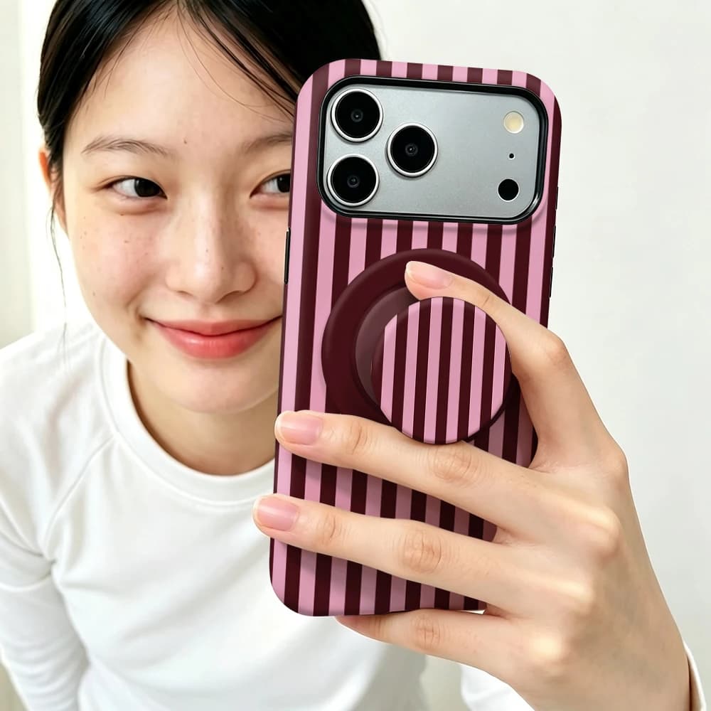 Striped Magnetic Case For iPhone 17 16 15 14 13 12 11 Pro Max Air 16e 7 8 Plus XS Max X XR 2 IN 1 Film Phone Holder Stand Case