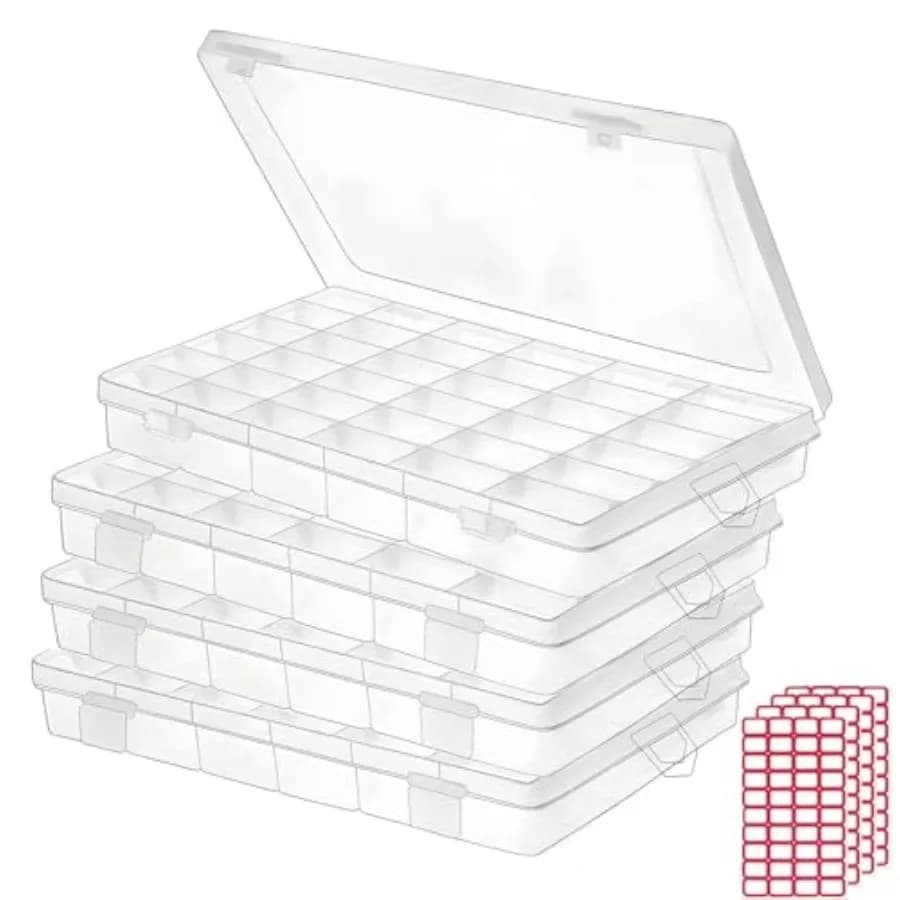 Set of 4 Containers Transparent Plastic Organizers with 36 Parts and Adjustable Dividers for Jewelry, Crafts and Fishing Equipment