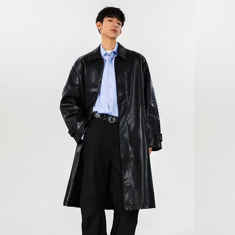 Trench da uomo in PU 2025 Autunno Inverno Giacca lunga capispalla antivento Cappotto in pelle alla moda alla moda per uomo