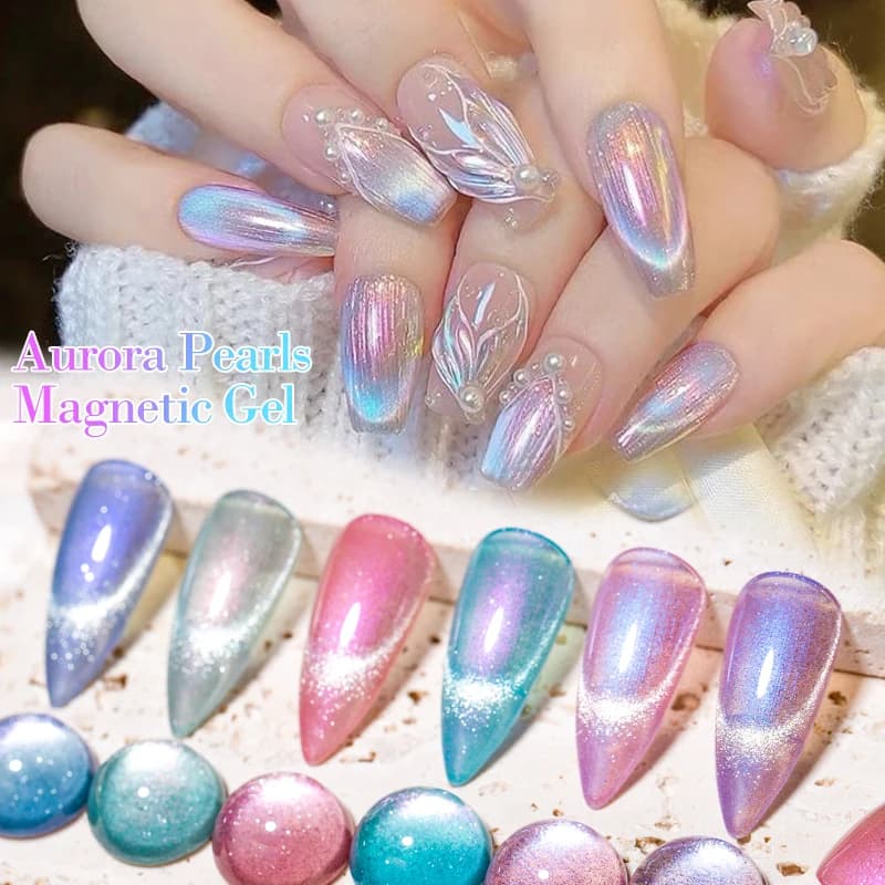 MEET ACROSS 7ml Aurora Pearls Magnetic Gel Nail Polish Glitter Glossy Color Sparkling Soak Off Paint Semi-Permanent